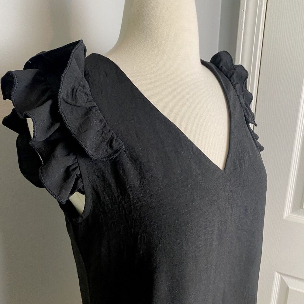 Annva Black Ruffle-Sleeve V-Neck Blouse, Size S